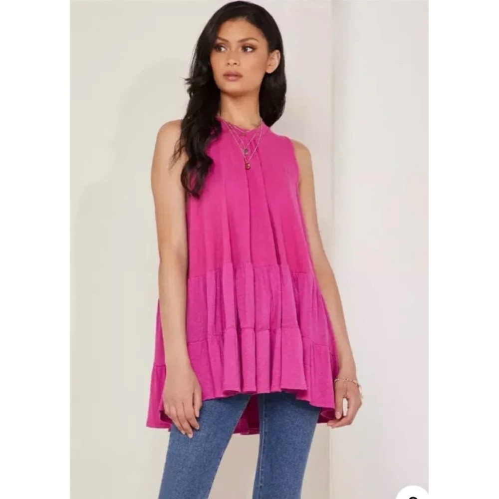 Free People Right On Time‎ Tunic Tank Top Swing Flowy Hot Bright Pink Large